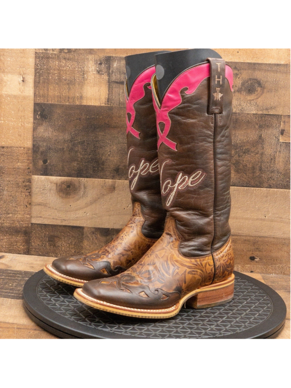 TIN HAUL WOMENS COWGIRL BOOTS HOPE BREAST CANCER BROWN PINK LEATHER SIZE 6.5